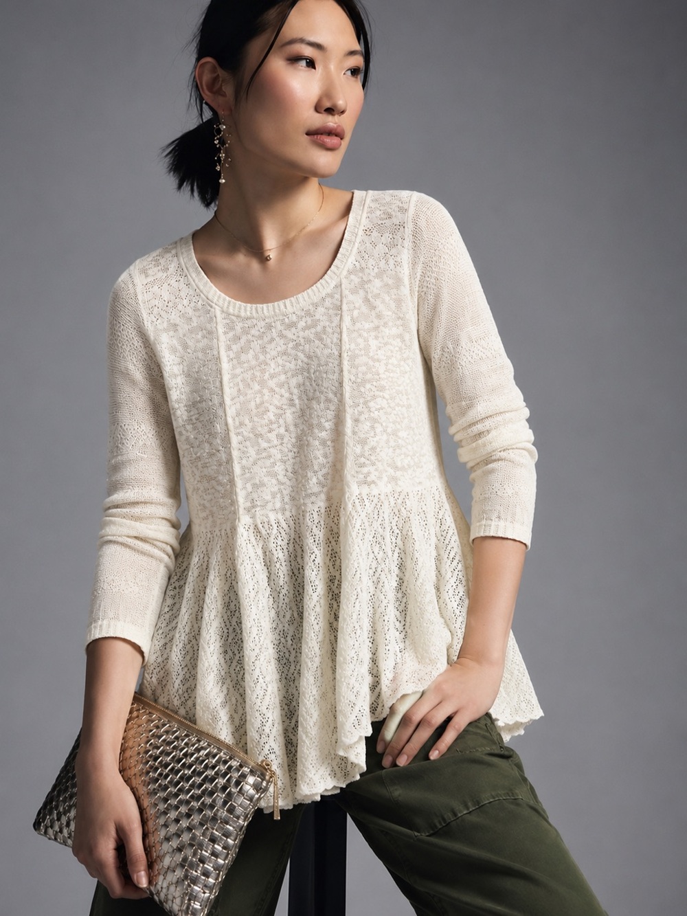Anthropologie Meadow Rue Cream Lace Peplum Scoop-Neck Tunic